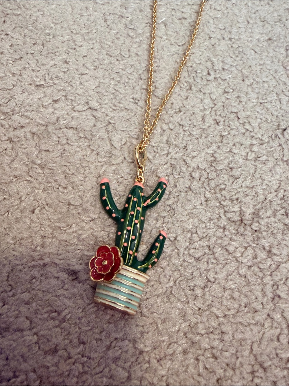 New Talbots Gold-Tone Green Cactus Pendant Necklace with Red Flower - Enamel